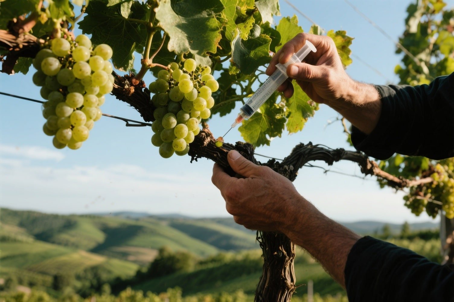 Aplicación de endoterapia vegetal en un viñedo, mostrando manos inyectando tratamiento directamente en el tronco de la vid para proteger las uvas y hojas, con paisaje natural al fondo y racimos de uvas verdes en primer plano.