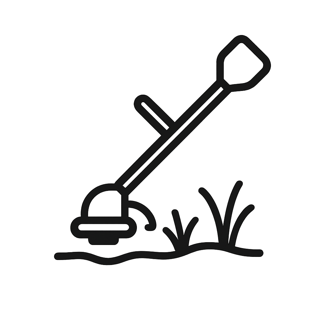 Ilustración de una máquina desbrozadora realizando desbroce de terrenos, cortando maleza y hierba para el mantenimiento de jardines y espacios exteriores.