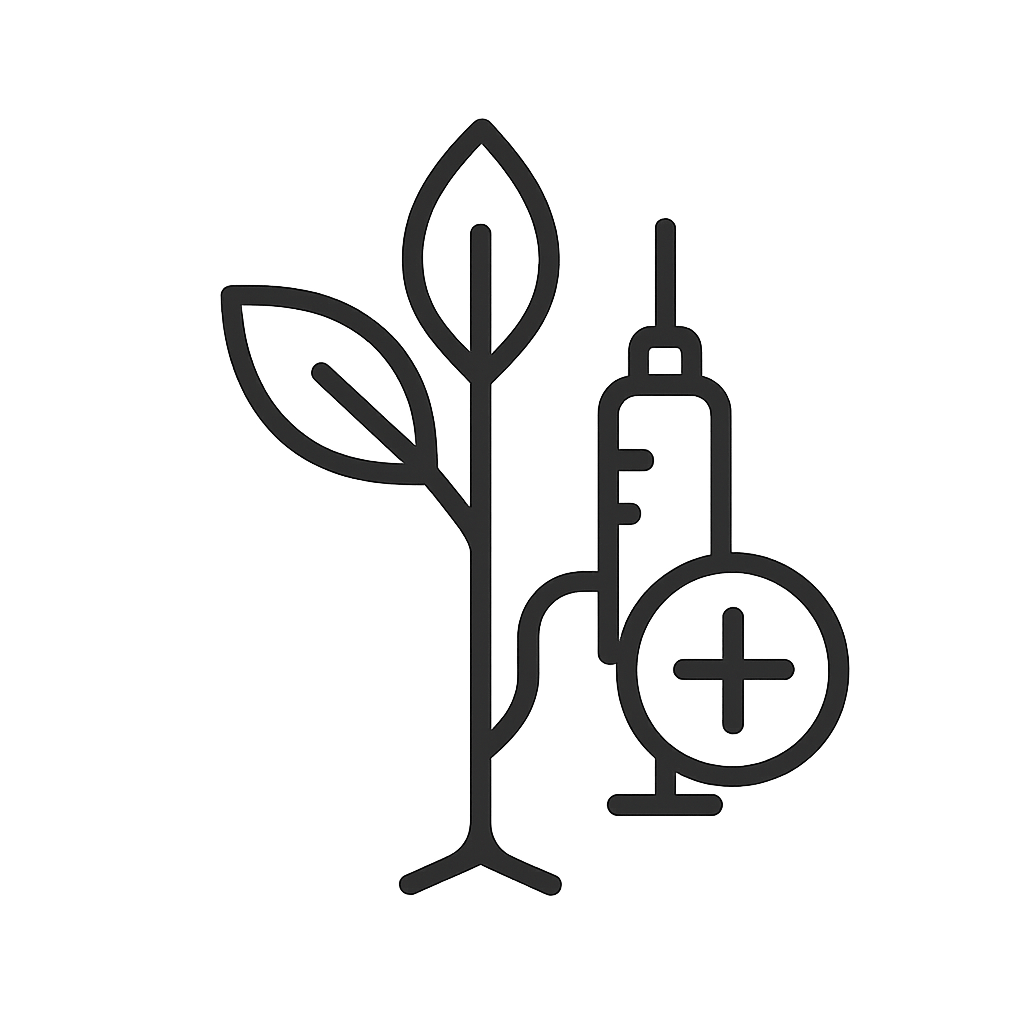 Ilustración de endoterapia vegetal, mostrando una jeringa aplicada a un árbol para el tratamiento y protección de plantas mediante métodos ecológicos e innovadores.