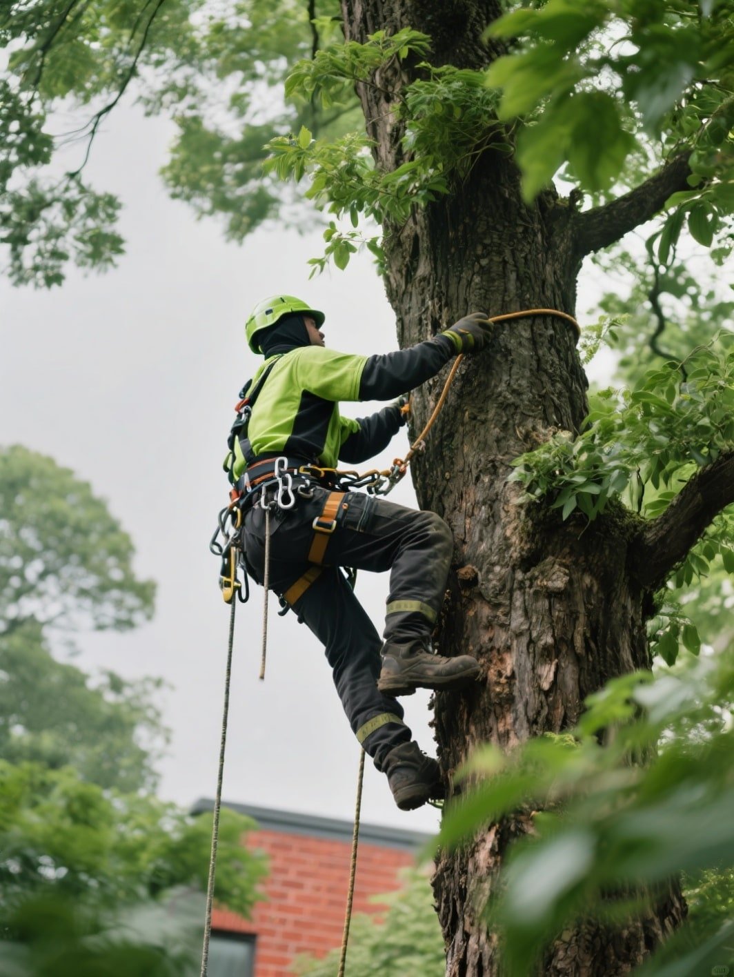 Arborista profesional equipado con arnés y material de escalada realizando podas y talas en altura en un árbol de gran tamaño, asegurando un trabajo seguro y eficiente en el entorno urbano.