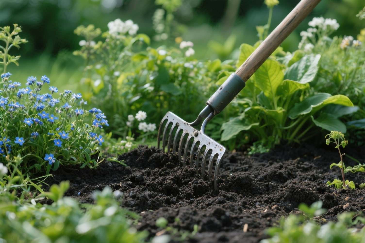 Imagen que muestra la puesta a punto de jardines, donde una mano utiliza un rastrillo metálico para airear y preparar la tierra rodeada de plantas y flores saludables, en un entorno verde y bien cuidado.